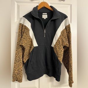American Eagle leopard print color block quarter zip sweatshirt
